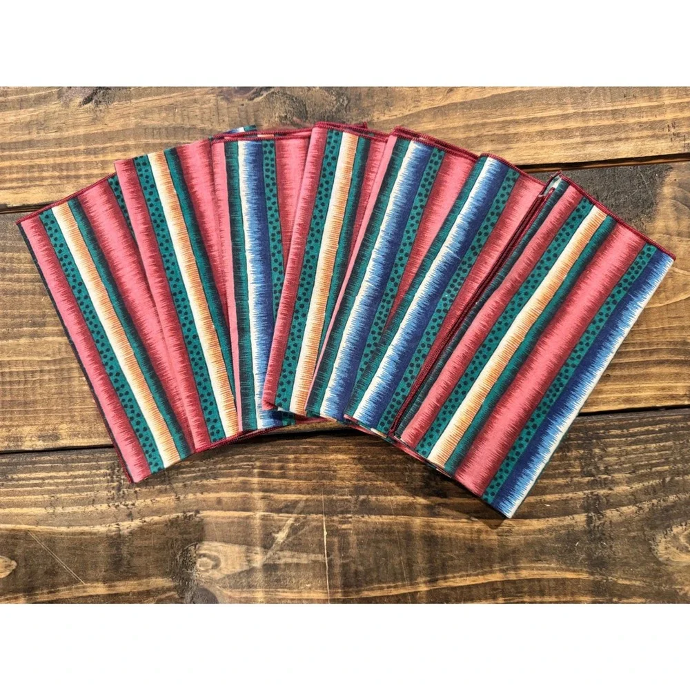 Vintage Striped Cloth Napkins Set of 7 Pink‎ Teal Blue Ikat Boho 16x16.5 Western